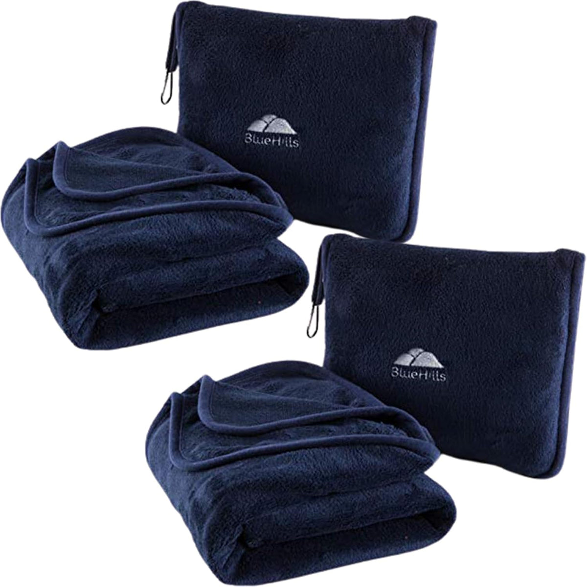 BlueHills Premium Soft 2-Pack Travel Blanket Pillows Airplane Large Plane Flight Throw Blankets for Two in Bag Compact Traveling Essentials Set Packable Warm Gifts Navy Blue T011