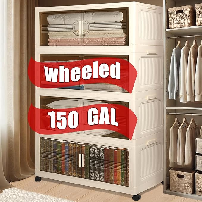 150GAL/600QT Large Storage Bins with 2 Lids, Stackable Collapsible Storage Bins with 8 Wheels & 2 Lids, Closet Organizers and Storage, 4 Packs Folding Plastic Clothes Storage Cabinet for Home Office