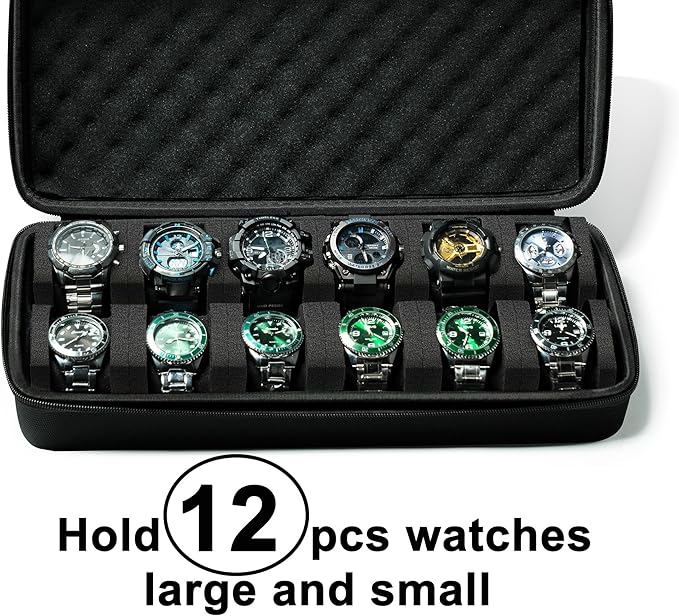 12 slots Watch Case, hard watch travel case, storage box, padded case for watch display and organization