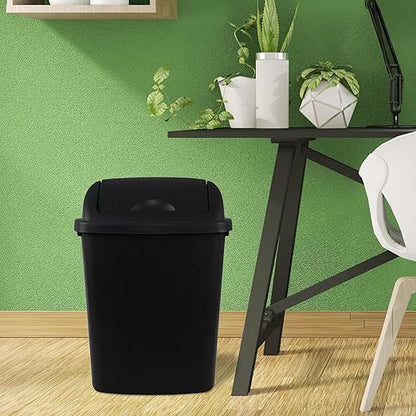 Teyyvn 6 Gallon Plastic Flip Lid Trash Can for Kitchen, Black Plastic Garbage Bin with Swing Lid, Pack of 4