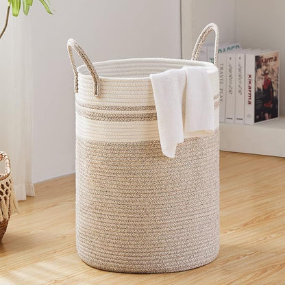 Large Laundry Hamper, Tall Woven Storage Basket for Blankets, Cotton Baby Nursery Hamper, Toys and Dirty Clothes in Bedroom and Living Room Organizing - 58L Brown & White