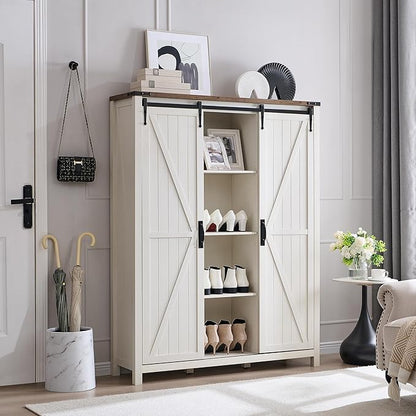 OKD Shoe Storage Cabinet with 2 Sliding Door, 7-Tier 62" Tall Farmhouse Entryway Shoe Organizer, Freestanding Rustic Hidden Shoe Rack Cabinet for Entryway, Antique White
