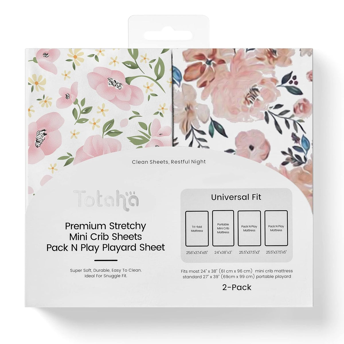 Graco Pack and Play Sheets Fitted, TotAha Buttery Soft Mini Crib Sheets Girl, Floral Pack N Play Mattress Sheets Hypoallergenic, Premium Jersey Playrad Sheets, Meredith Allover & Pale Pink, 2 Pack