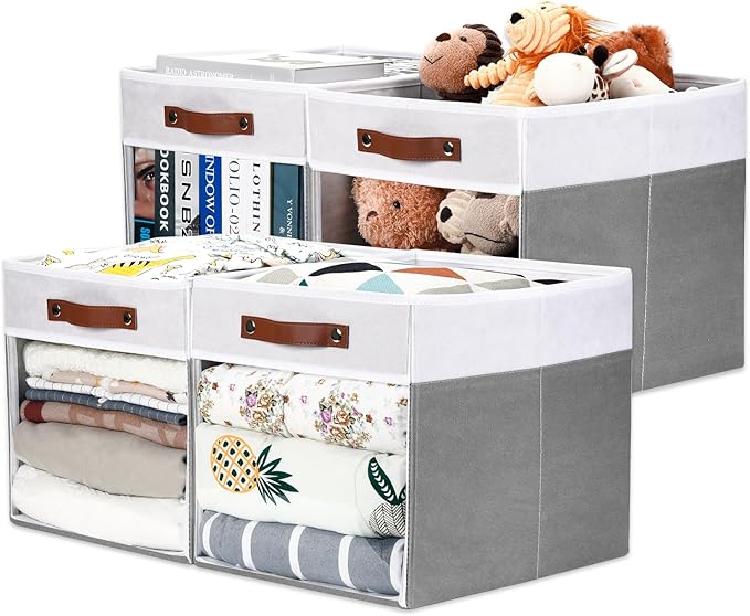 HNZIGE Fabric Cube Storage Bins - 4 Pack 13x15x13 Collapsible Storage Cubes for Organizing Shelves, Closet, Pantry - White, Gray