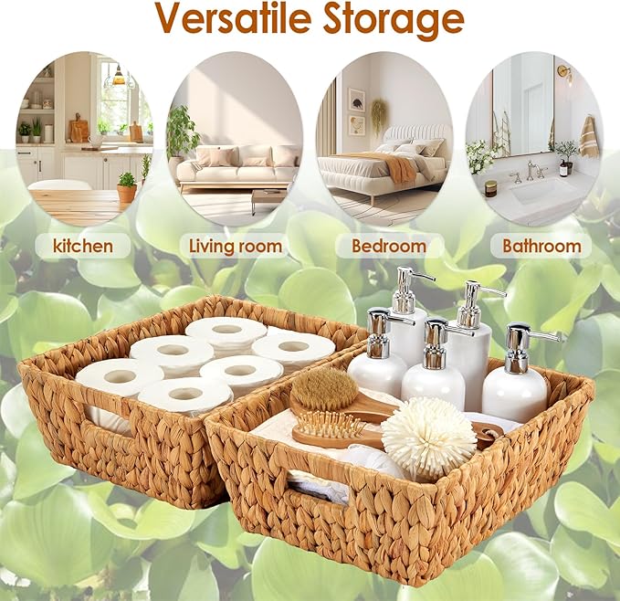 Water Hyacinth Wicker Baskets 2 Pack, Large Storage Basket With Handles for Organizing, Handmade Natural