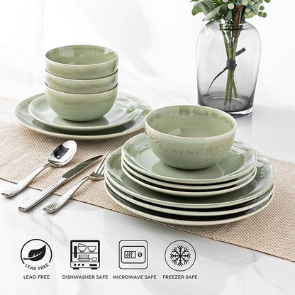 AmorArc Ceramic Dinnerware Sets for 8, 24 Pieces Handpainted Plates and Bowls Set, Scratch Resistant Stoneware Dishes Set, Dishwasher & Microwave Safe, Olive Green