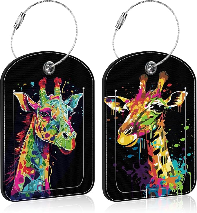 Bright Colourful Giraffe Leather Luggage Tag for Suitcase 2 Pack Luggage Tag with Privacy Name ID Label and Stainless Steel Loop for Travel Bag Suitcase