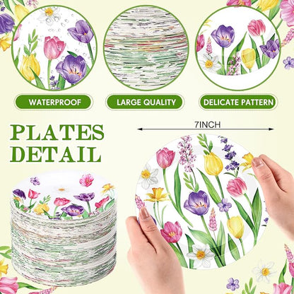 120 Pcs Spring Floral Paper Plate 7 Inch Floral Party Plate Tulip Paper Plates
