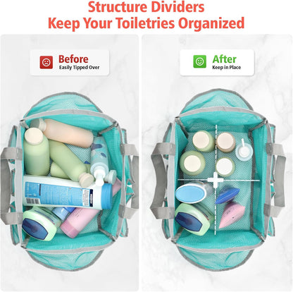 F-color Mesh Shower Caddy Portable with Dividers - Upgrade Deeper 7 Pockets Dorm Room Essentials with S Hook, Shower Bag Basket Tote for Guys Girls College Camping Toiletry Bathroom, Mint Green