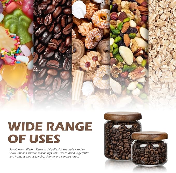 1 PC Small Glass Storage Jars with Airtight Lids, 10 fl oz (300ml) coffee container with Wooden Lid, Glass Pantry Canister for Beans, Rice, Sugar and etc