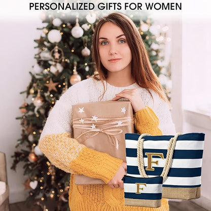 Becokan Beach Bag Initial Beach Tote with Makeup Bag for Travel Work Storage Personalized Birthday Gifts for Women Her