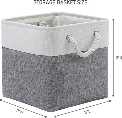 11 x 11 Inch Storage Cubes, 6 Pack Large Collapsible Fabric Storage Bin with Ropes, Foldable Storage Cubes for Home, Office,Closet, Clothes, Toys Organizer (White&Gray)