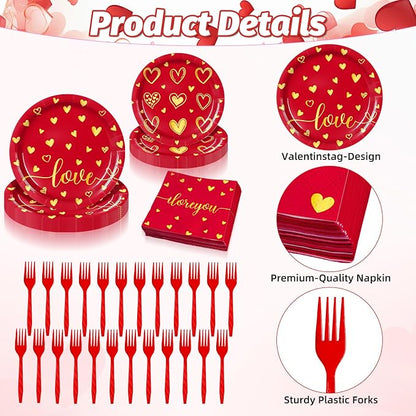96 Pieces Valentine’s Day Love Tableware Set – Red and Gold Heart Disposable