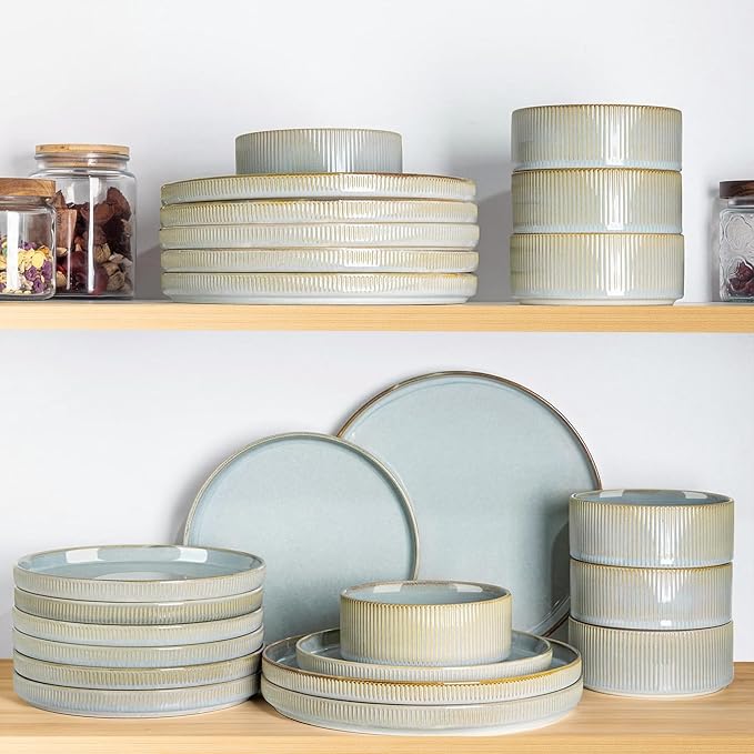 Ceramic Dinnerware Set for 8, 24-Piece Plates and Bowls Set | Lightweight