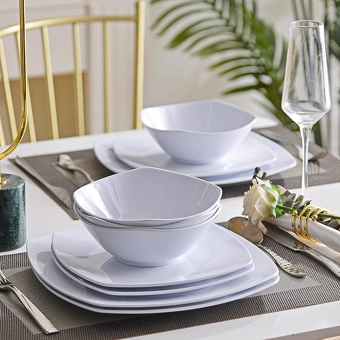 Melamine Dinnerware Sets, Square Dinnerware Sets, White Color Plates and Bowls Sets for 4, Unbreakable Dishwasher Safe BPA Free