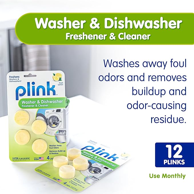 Plink Washing Machine and Dishwasher Cleaner and Freshener, Prevents Residue and Removes Odors in Kitchen and Laundry Room Appliances, Septic-Friendly, Made in the USA, Lemon Scent, 12 Tablets
