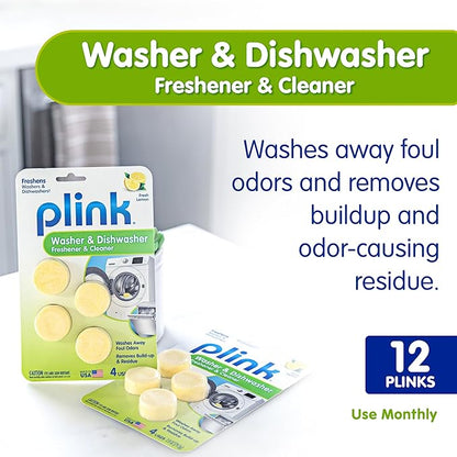 Plink Washing Machine and Dishwasher Cleaner and Freshener, Prevents Residue and Removes Odors in Kitchen and Laundry Room Appliances, Septic-Friendly, Made in the USA, Lemon Scent, 12 Tablets