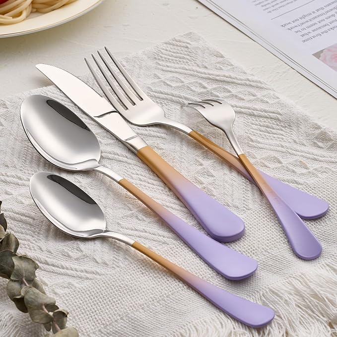Colorful Silverware Set 20 Piece 18/0 Stainless Steel Flatware Purple and Orange Handle Cutlery Set Service for 4 Fork Knife Spoon Set Mirror Finish Dishwasher Safe