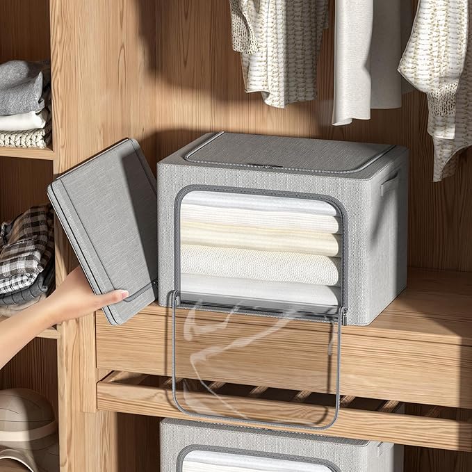 4 Pack Clothes Storage Bins with Metal Frame - Linen Fabric Foldable Stackable Container Organizer Set with Clear Window & Carry Handles & Zippers (Light Grey, 19.7"x15.7"x13")