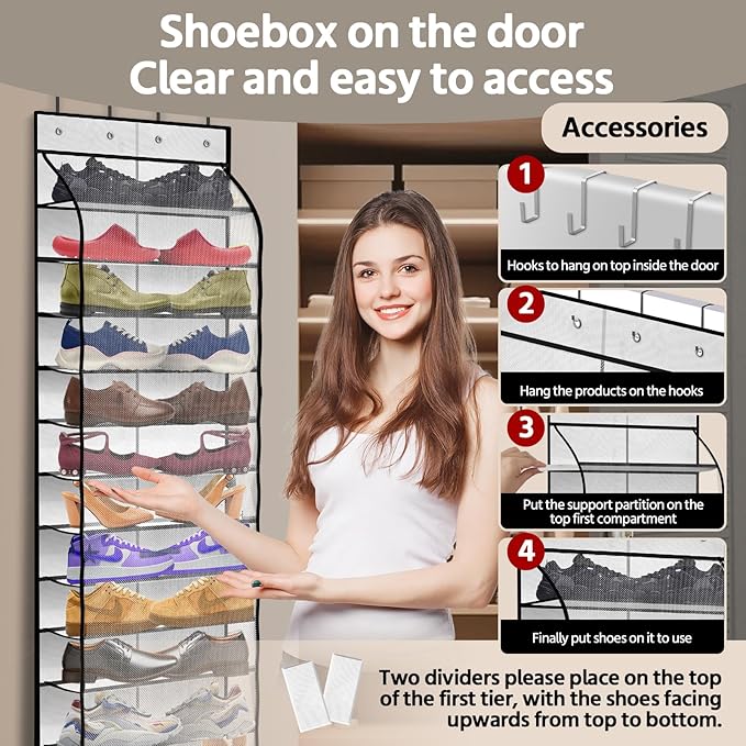 12 Pocket Over the Door Shoe Organizer,Reusable Breathable Large Mesh Bag Men's & Women's Sneaker Organizer,Shoe Organizer for Kids,Hanging Shoe Storage Hanging Bag (White)