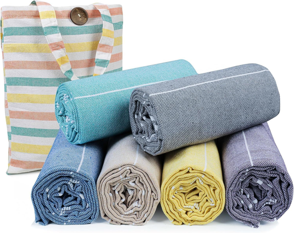 HILLFAIR Cotton Turkish Beach Towels- Lightweight Sand Free Peshtemal Hammam Towels for Bath Swim Yoga Spa- XXL Oversized Beach Towel (39 x 72 inch - 6 Pack Multicolor)