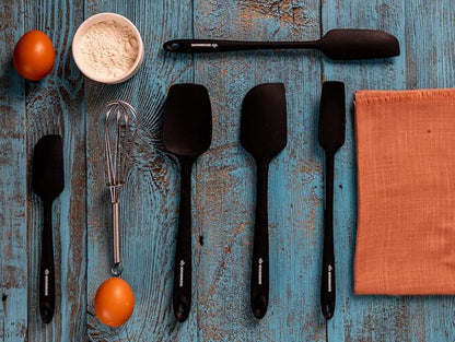 KITCHENLOVE Premium 600°F Heat Resistant 5 Piece Silicone Spatula Set for Baking, Cooking, Mixing - Non-Stick with High Grade S-Iron Steel Core - One Piece Seamless Design - BPA Free (Black)