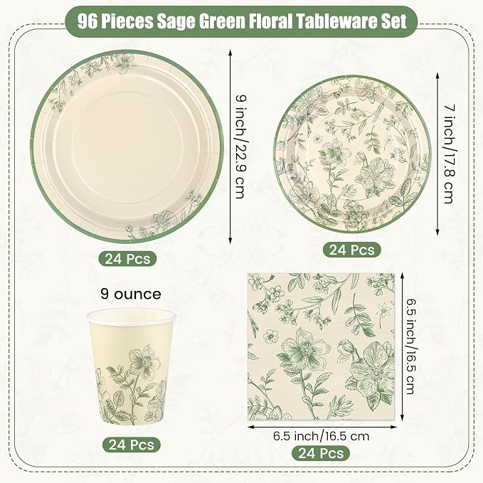 Kochorie 96 Pieces Sage Green Floral Party Supplies Elegant Floral Disposable
