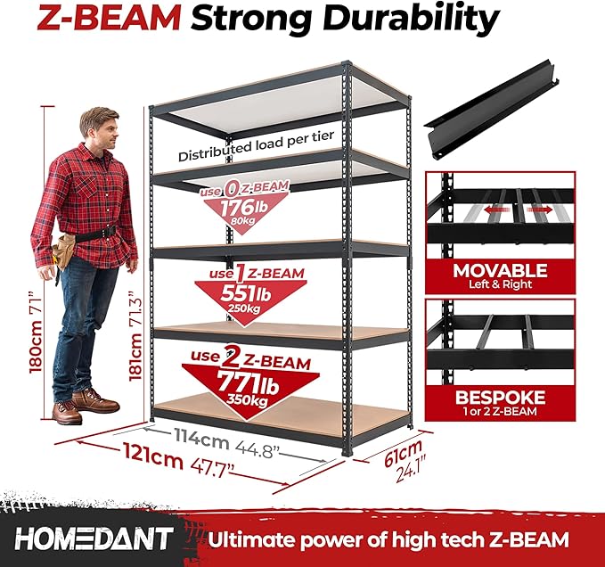 HOMEDANT 5 Tier Laminated Boltless Heavy Duty Garage Storage Adjustable Wide Size Metal Shelving Unit Utility Rack Shelves Organization Shelf Shed Warehouse 47.7" W x 24.1" D x 71.3" H 10Pack