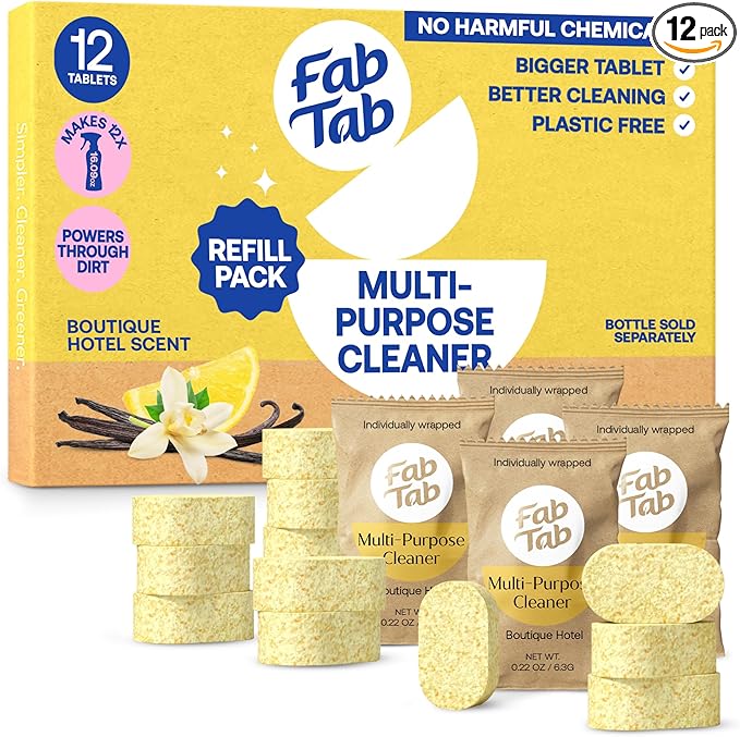 Fab Tab Sustainable Cleaning - All Purpose Refill Spray Tablets - Multi-surface Cleaning Spray Refill - Plant-based - Multi Purpose Cleaner Refill Tablet 12 Count - (Bottle Not Included)