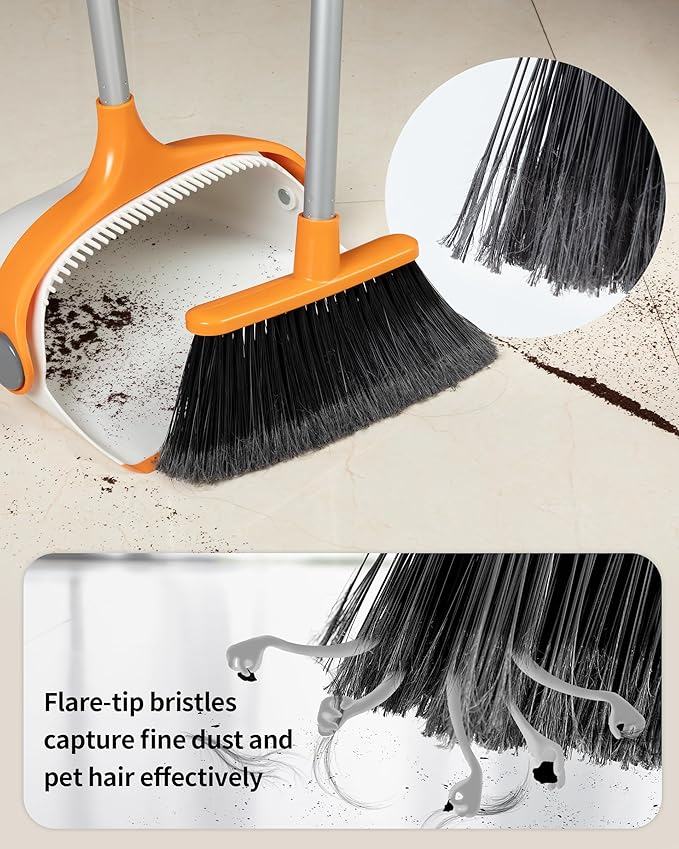 MR.SIGA Broom and Dustpan Set with Long Handle, Stand Upright Broom with Dustpan Combo for Cleaning Office, Garage, Lobby, Lightweight Sweeping Set, 51.7"(131 cm) Long Handle, White & Orange
