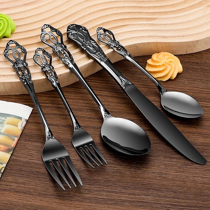 20 Piece Silverware Set Service for 4,Premium Stainless Steel Flatware Set,Mirror Polished Cutlery Utensil Set,Durable Home Kitchen Eating Tableware Set (Black)