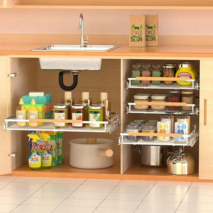 Expandable Pull Out Drawer Cabinet Organizers, Heavy Duty Slide Out Storage Shelf for Home Kitchen Pantry Cupboard Pots Pans, Adjustable Width from 23.2"~39.9", Stainless Steel 1 Pack