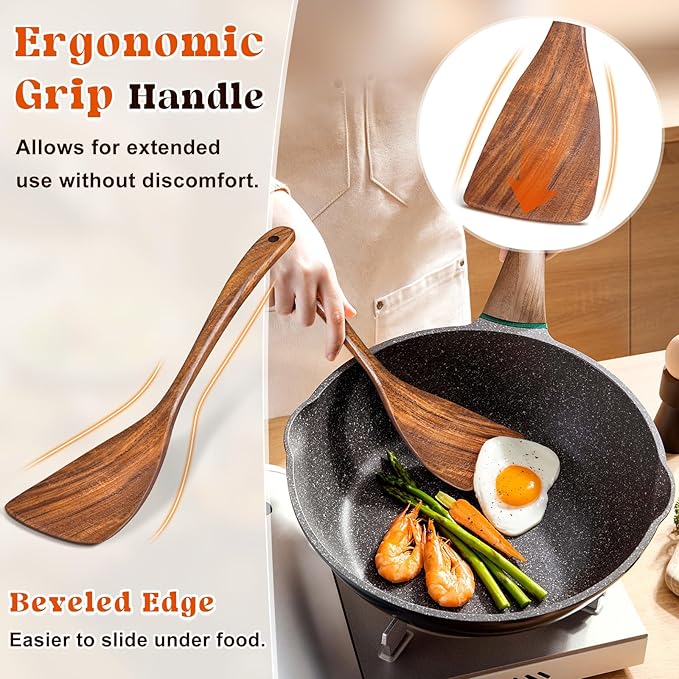 Wooden Spatula for Cooking, Acacia Wood Flat Frying Spatulas, Long Handle Spatula Turner for Non Stick Pans, Non-Scratch, Wooden Kitchen Utensils for Cooking, Frying, Baking