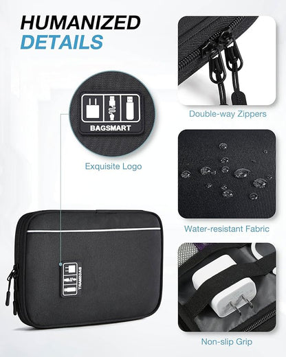 BAGSMART Electronics Travel Organizer Case, Tech Accessories Cord Storage Bag for Phone, Power Bank, SD Card, Cables, Black