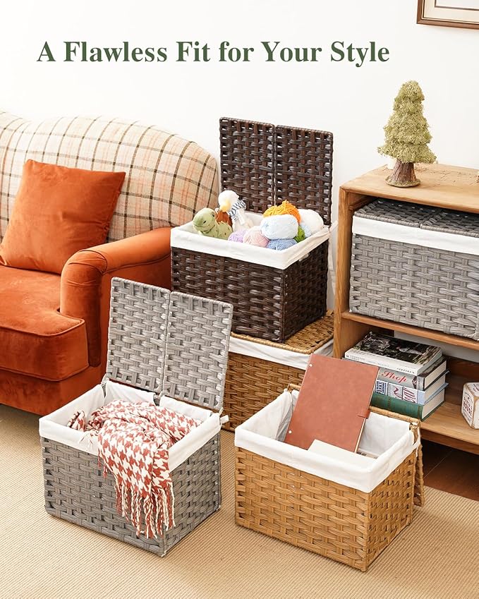 Storage Basket with Lid Woven Wicker Baskets with 2 Separate Lid, 9.2 Gallon (35 L) Wicker Storage Bins with Handles, Foldable and 2 Removable Liner Bags for Bedroom, Laundry Room Natural