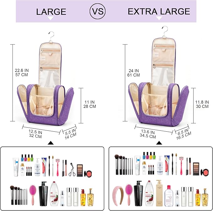 Travel Hanging Toiletry Bag for Women and Men, 6 Organizer Compartments, Holds Full Size Bottles, Extra Large Cosmetic Accessories, Makeup essentials, Bathroom Water-resistant Toiletries Bag, Purple