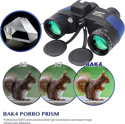 AOMEKIE 7X50 Marine Waterproof Binoculars for Adults with Illuminated Rangefinder Compass BAK4 IPX7 for Boating Military Navigation Hunting Fishing Water Sports