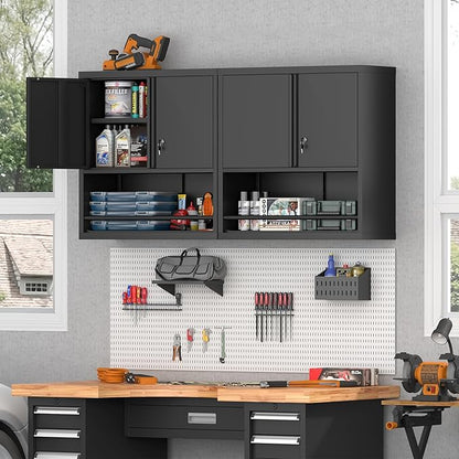 Locking Cabinet, Black Wall Storage Cabinet with Shelves, Hanging Cabinets with Open Storage, Small Wall Cabinet, Lockable Tool Cabinet for Basement, School, Office