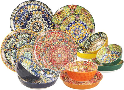 Mandala Dinnerware Sets (16 PCS) Serves for 4, Porcelain Dishes Set, Microwave and Dishwasher Safe, Scratch Resistant, Bohemian Style Dining Ware Service for 4, Colorful No.3