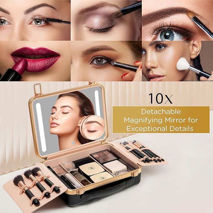Lighted Makeup Case with Mirror - Portable Travel Makeup Organizer with light up Mirror, 3 Light Settings, Rechargeable Makeup Bag with Mirror and Lights - Mini 10x magnifying Mirror included