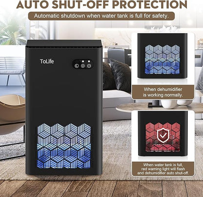 ToLife Dehumidifier for Home, 1000 sq.ft Dehumidifiers for Basement Bedroom Bathroom with 95 OZ Water Tank, Auto Shut Off 7 Colors LED Light, Black