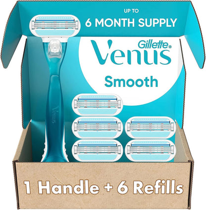 Gillette Venus Smooth Women's Razor Handle + 6 Refills with Soft-Grip Gel Handle