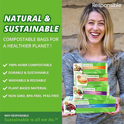 Responsible Products Certified Compostable SNACK Resealable Zip Bag, Extra Strength Food Bags, Plant-Based Freezer-Safe (40 Pack)