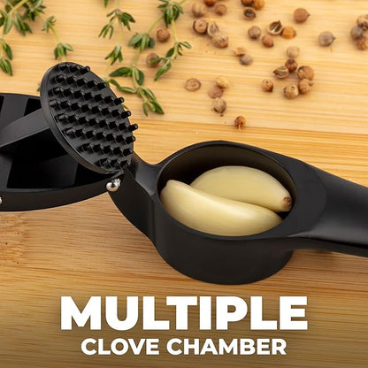 Zulay Kitchen Premium Garlic Press Set – Rust Proof & Dishwasher Safe Garlic Mincer Tool with Silicone Garlic Peeler & Brush, Easy Squeeze & Clean, Ergonomic Soft Grip Handle - Medium – Black