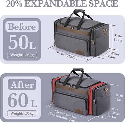 SHOWKOO Duffle Bag for Travel 60L Expandable Canvas Travel Bag Durable Vintage Weekender Overnight Carry On Bag for Men(Dark Gray)