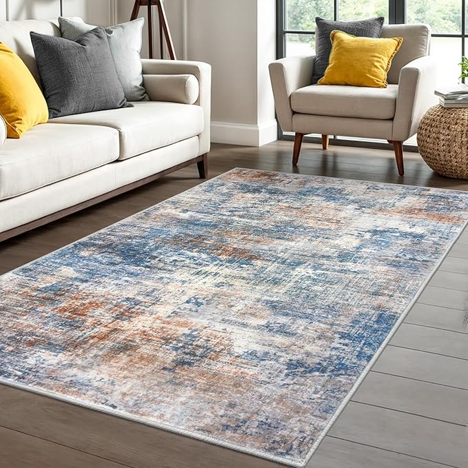 IOHOUZE Abstract Area Rug 4x6 Ft Washable Rugs for Entryway Indoor, Non Slip Small Living Room Rugs Printed Faux Wool Throw Rug, Floor Carpet for Kitchen Nursery Playroom, Blue Rust