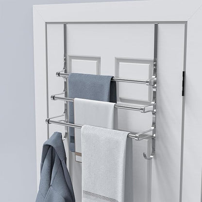 Over The Door Towel Rack, Over Door Towel Rack for Bathroom Door, Triple Towel Storage Holder with Hooks (Silver Gray, 17.32" L)