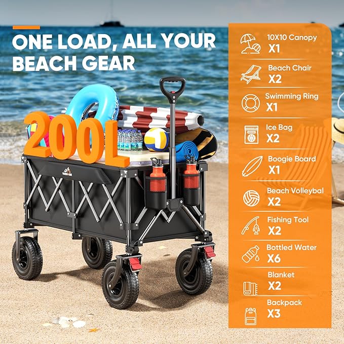 Beach Wagon with 9x3 Big Rubber Wheels for Sand, 350lbs Heavy Duty 200L Collapsible Utility Wagon, Easy Transport & Storage, Ideal for Sport, Camping, All-Terrain Outdoor Activities, Black