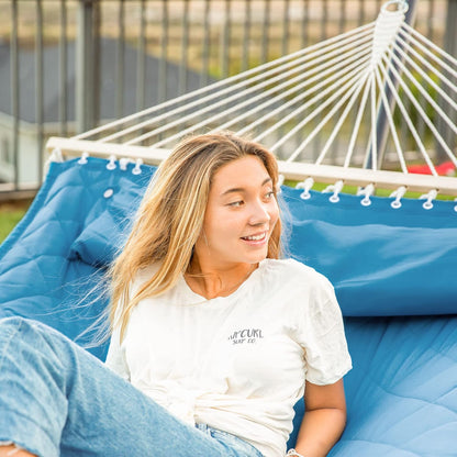ANOW Double Hammock with 12 Feet Heavy Duty Steel Stand Combo, 2 Person Quilted Hammock with Stand for Outside, 450 LBS Weight Capacity, Blue