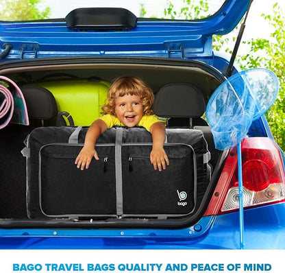 Bago Large Foldable Duffel Bags for Traveling Women & Men - 120L Packable Duffle Bag for Travel with Shoe Compartment - Water Repellant, Heavy Duty, Lightweight Folding & Collapsible (Black)
